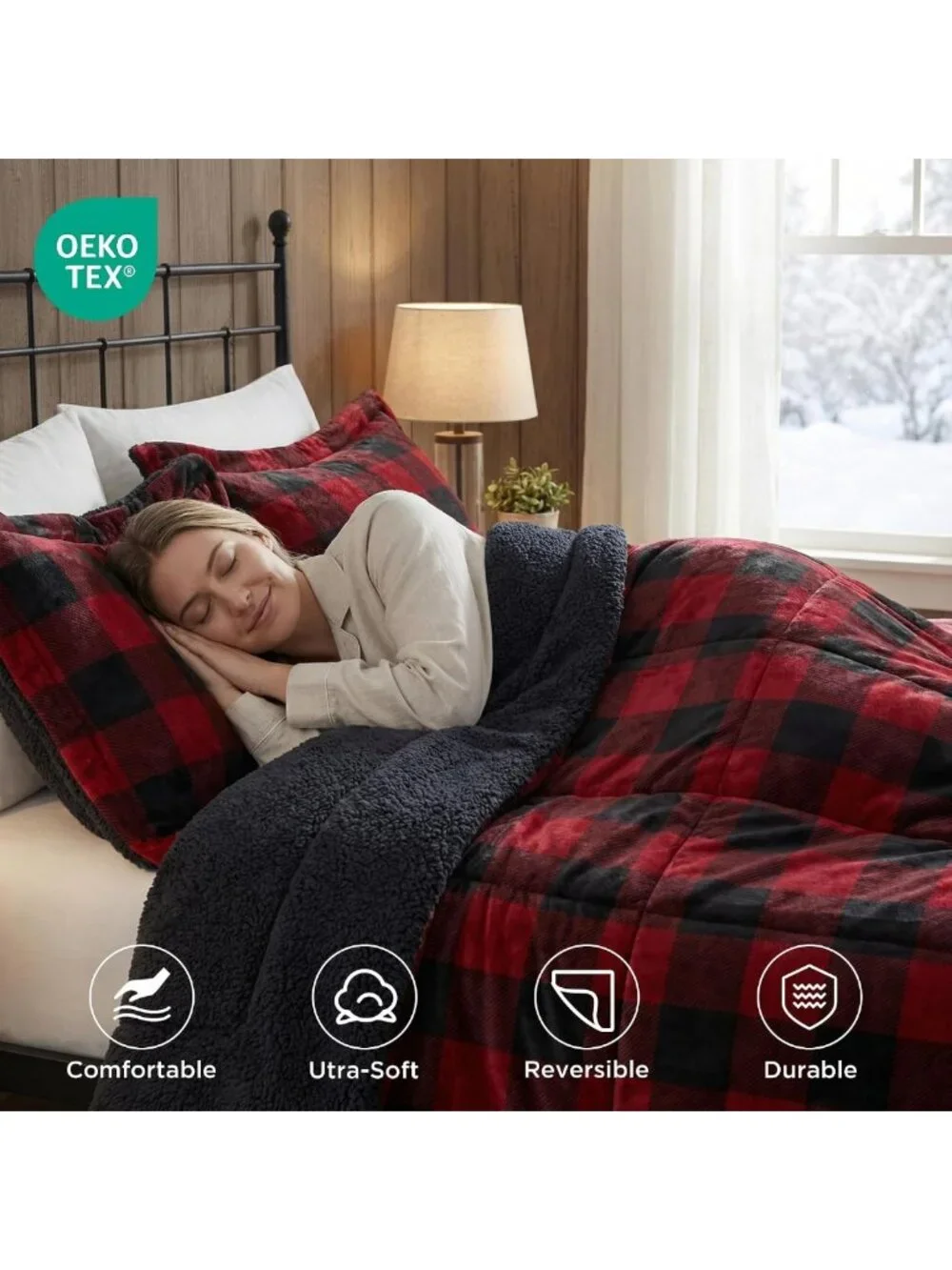 Cozy Reversible Sherpa King Comforter Set, Soft Plush Red & Black 4PC Bedding